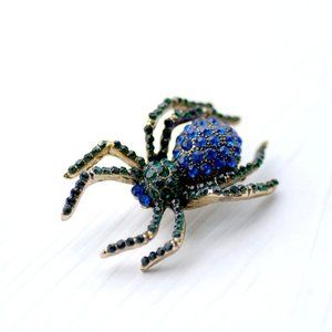 Blue Rhinestone Spider Bug Pin Broach